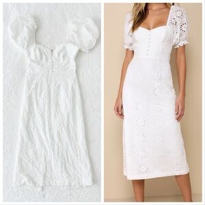 NWOT Lulus Darling Status White Eyelet Puff Sleeve Bustier Midi Dress Small